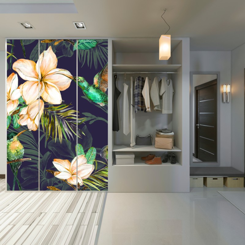 Naklejka na szafę tropikalne kolibry i plumeria w akwareli – Wallissimo® Naklejka na szafę tropikalne kolibry i plumeria w akwareli – Wallissimo®