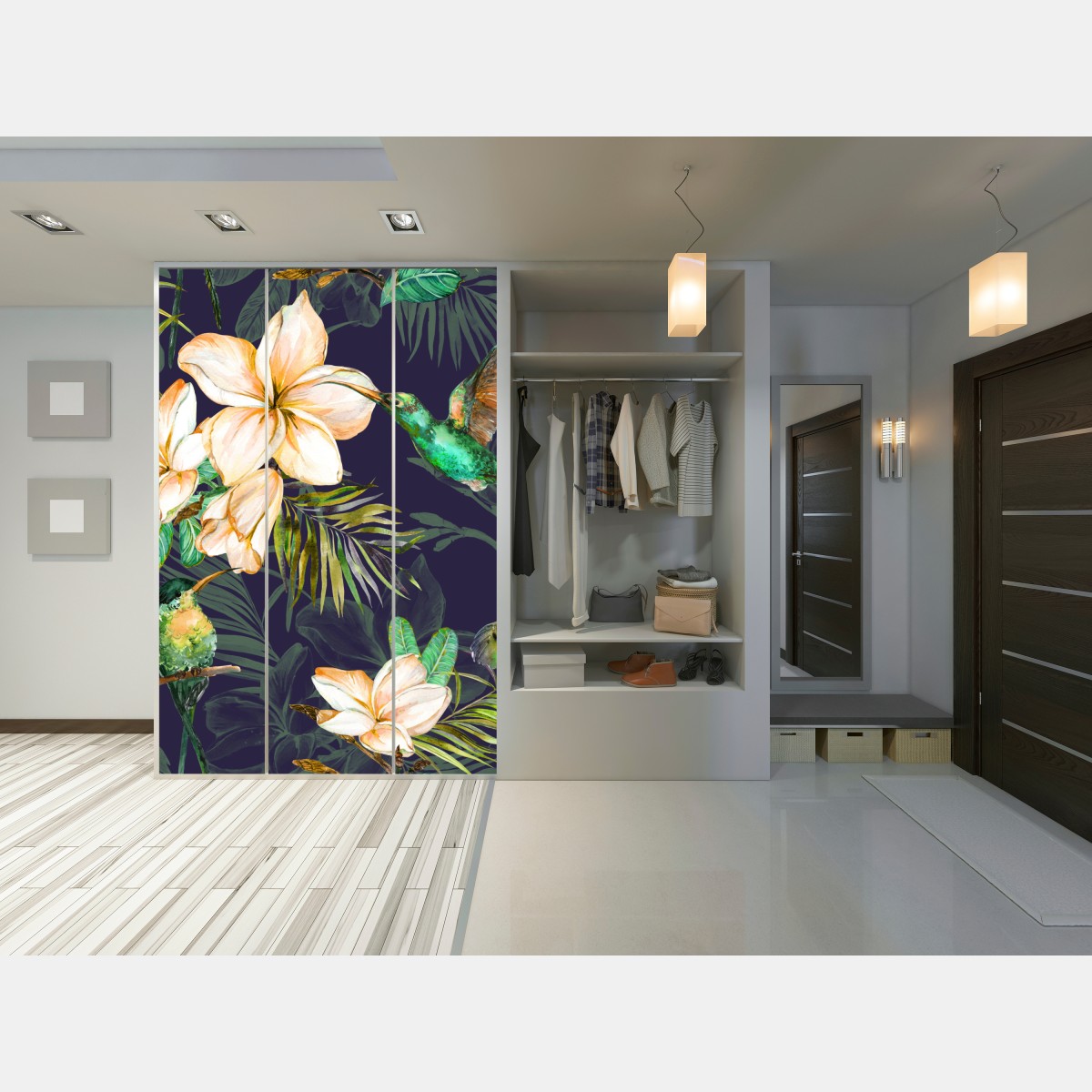 Naklejka na szafę tropikalne kolibry i plumeria w akwareli – Wallissimo® Naklejka na szafę tropikalne kolibry i plumeria w akwareli – Wallissimo®