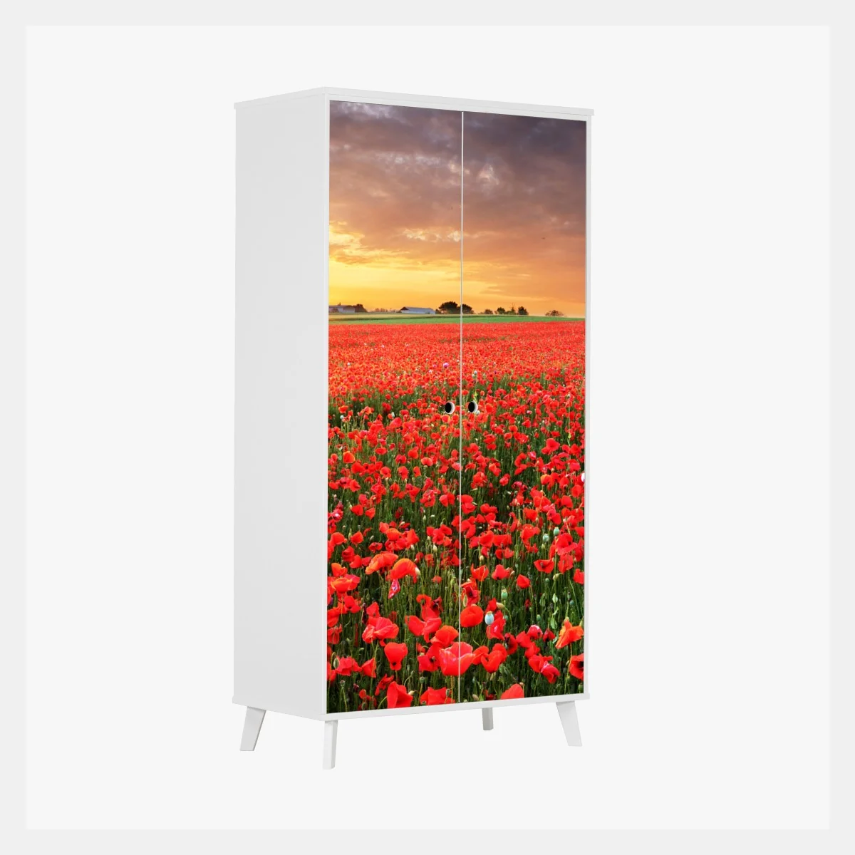 Naklejka na szafę pole maków o zachodzie słońca – Wallissimo® Naklejka na szafę pole maków o zachodzie słońca – Wallissimo®