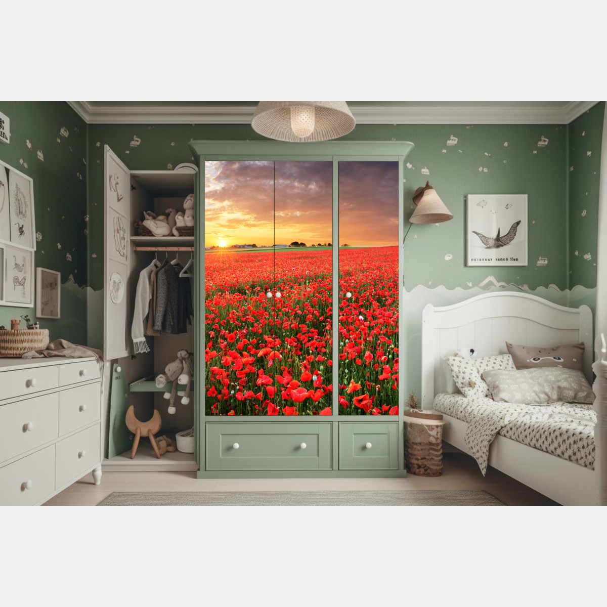 Naklejka na szafę pole maków o zachodzie słońca – Wallissimo® Naklejka na szafę pole maków o zachodzie słońca – Wallissimo®