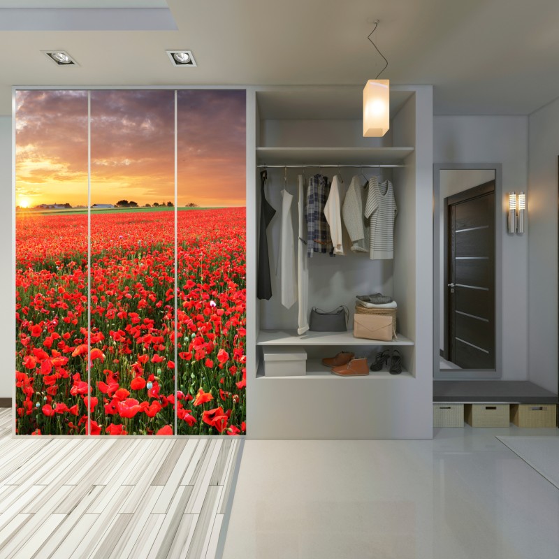 Naklejka na szafę pole maków o zachodzie słońca – Wallissimo® Naklejka na szafę pole maków o zachodzie słońca – Wallissimo®