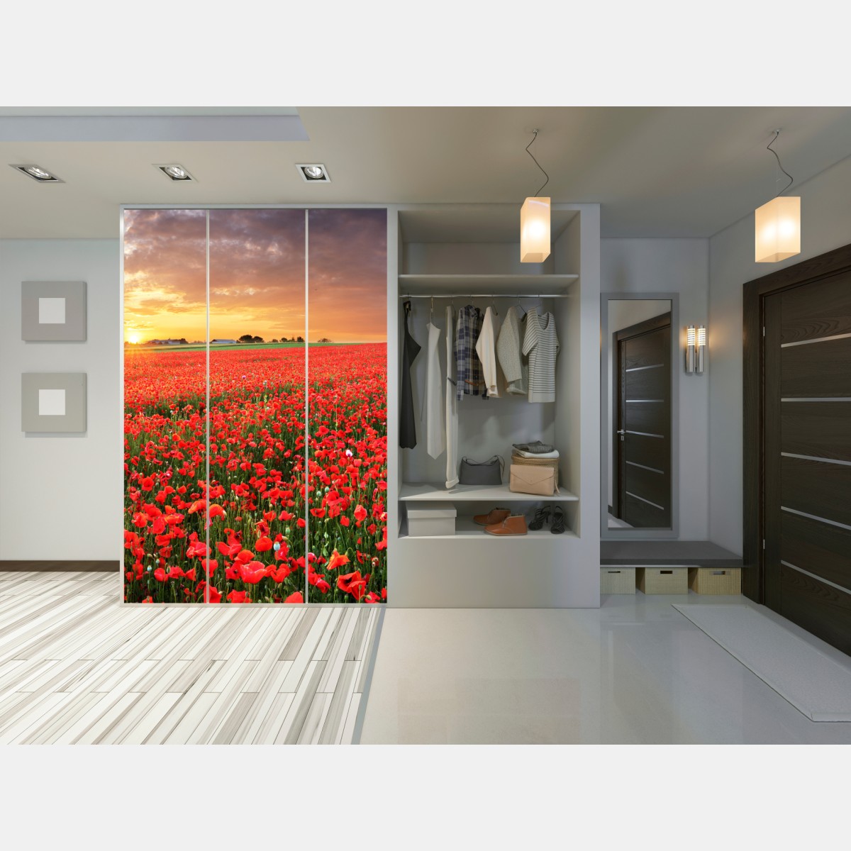 Naklejka na szafę pole maków o zachodzie słońca – Wallissimo® Naklejka na szafę pole maków o zachodzie słońca – Wallissimo®