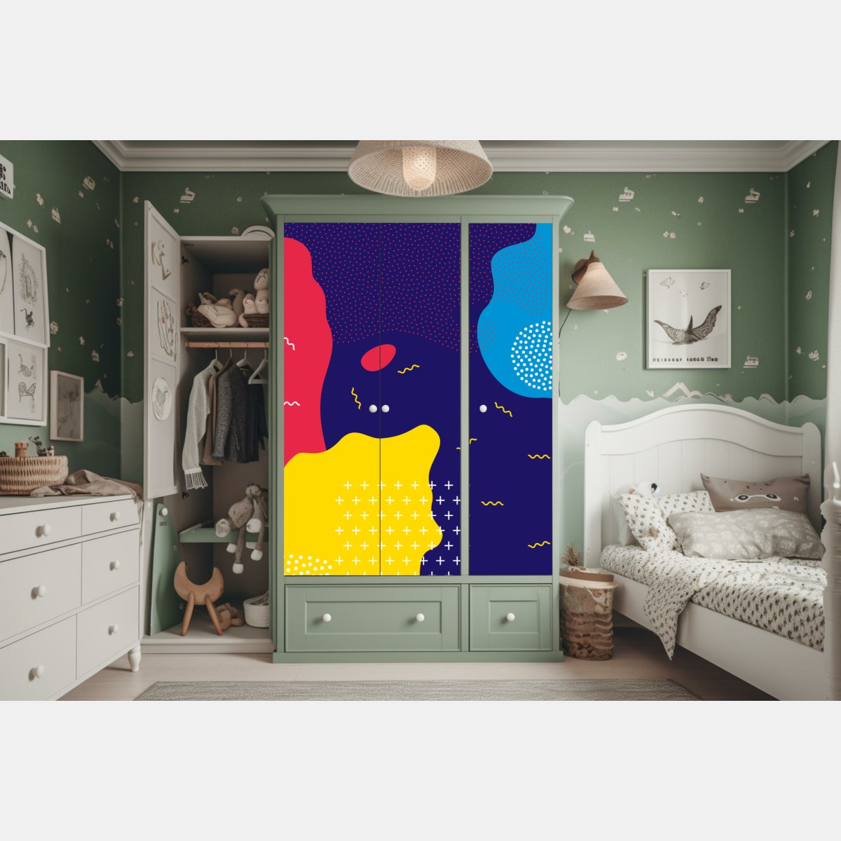 Naklejka na szafę żywy abstrakcyjny wzór kształtów – Wallissimo® Naklejka na szafę żywy abstrakcyjny wzór kształtów – Wallissimo®