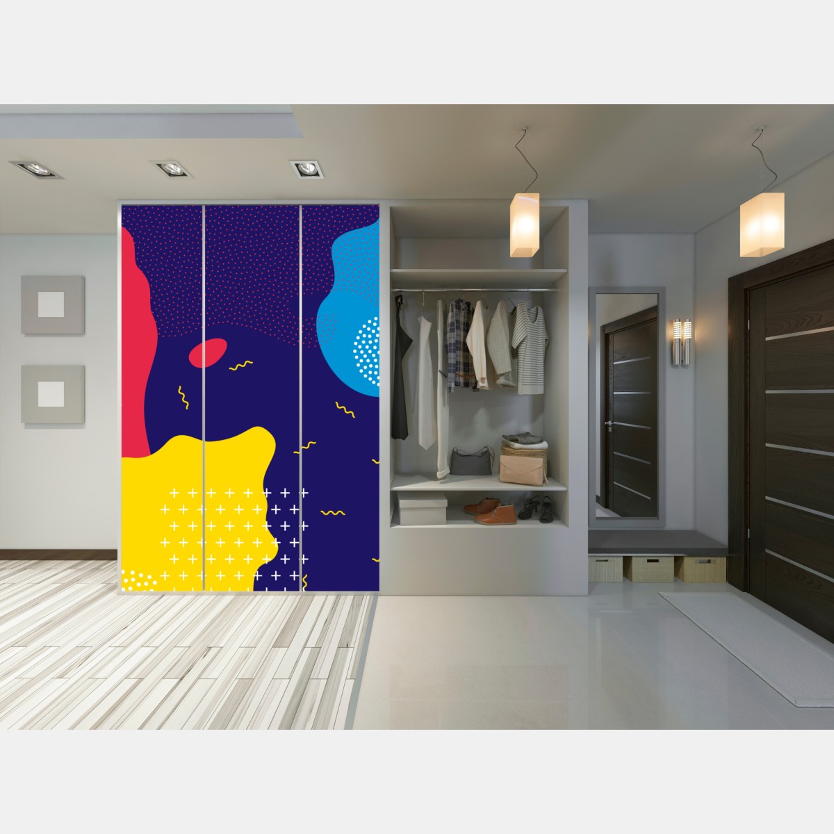 Naklejka na szafę żywy abstrakcyjny wzór kształtów – Wallissimo® Naklejka na szafę żywy abstrakcyjny wzór kształtów – Wallissimo®