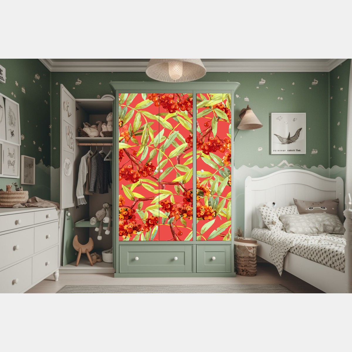 Naklejka na szafę akwarelowy wzór jarzębiny – Wallissimo® Naklejka na szafę akwarelowy wzór jarzębiny – Wallissimo®