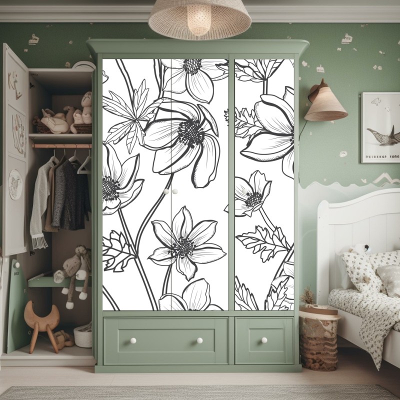 Naklejka na szafę botaniczny rysunek kwiatowy – Wallissimo® Naklejka na szafę botaniczny rysunek kwiatowy – Wallissimo®