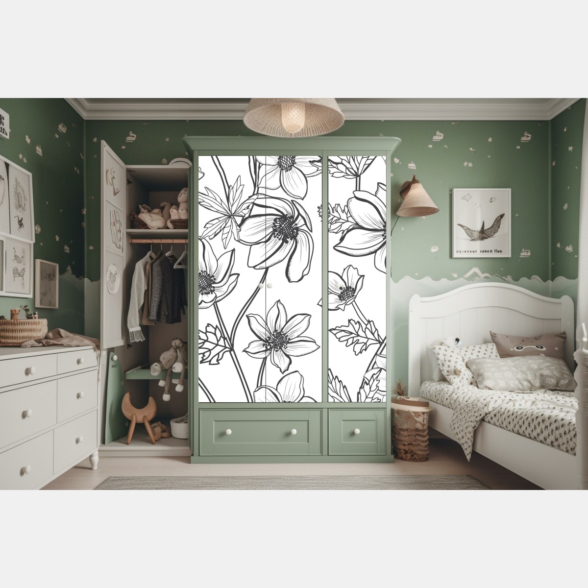 Naklejka na szafę botaniczny rysunek kwiatowy – Wallissimo® Naklejka na szafę botaniczny rysunek kwiatowy – Wallissimo®
