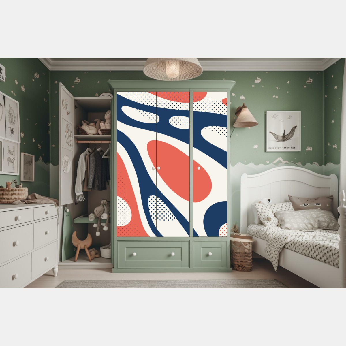 Naklejka na szafę retro koralowo-granatowy abstrakcyjny wzór – Wallissimo® Naklejka na szafę retro koralowo-granatowy abstrakcyjny wzór – Wallissimo®