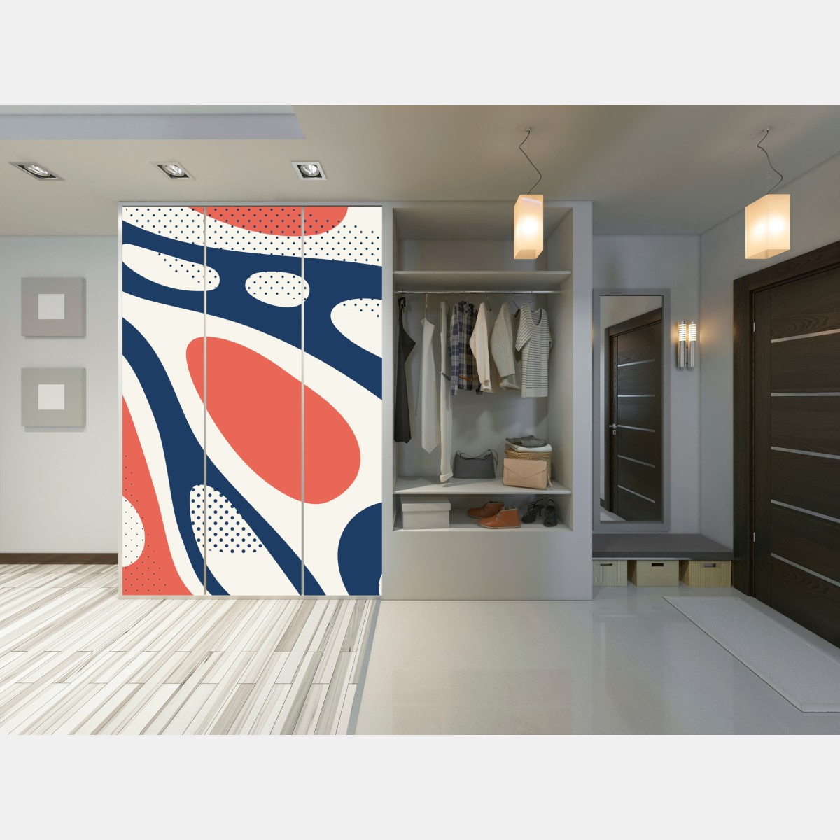 Naklejka na szafę retro koralowo-granatowy abstrakcyjny wzór – Wallissimo® Naklejka na szafę retro koralowo-granatowy abstrakcyjny wzór – Wallissimo®