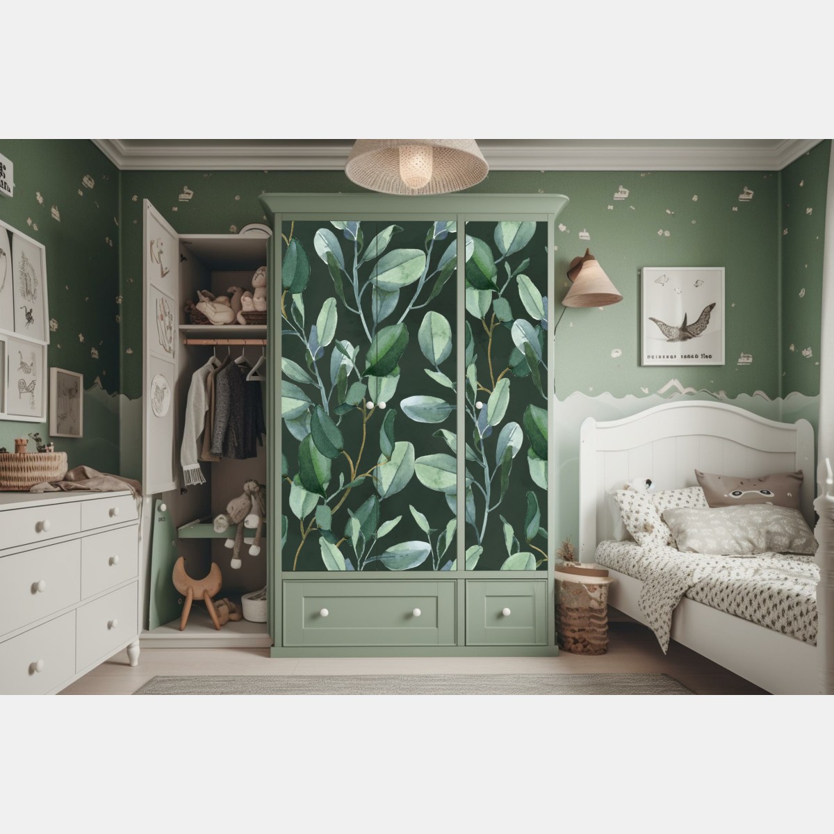 Naklejka na szafę wzór akwarelowy z liśćmi eukaliptusa na ciemnozielonym tle – Wallissimo® Naklejka na szafę wzór akwarelowy z liśćmi eukaliptusa na ciemnozielonym tle – Wallissimo®