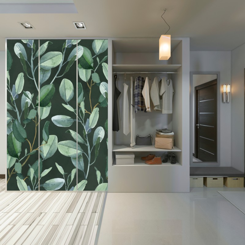 Naklejka na szafę wzór akwarelowy z liśćmi eukaliptusa na ciemnozielonym tle – Wallissimo® Naklejka na szafę wzór akwarelowy z liśćmi eukaliptusa na ciemnozielonym tle – Wallissimo®