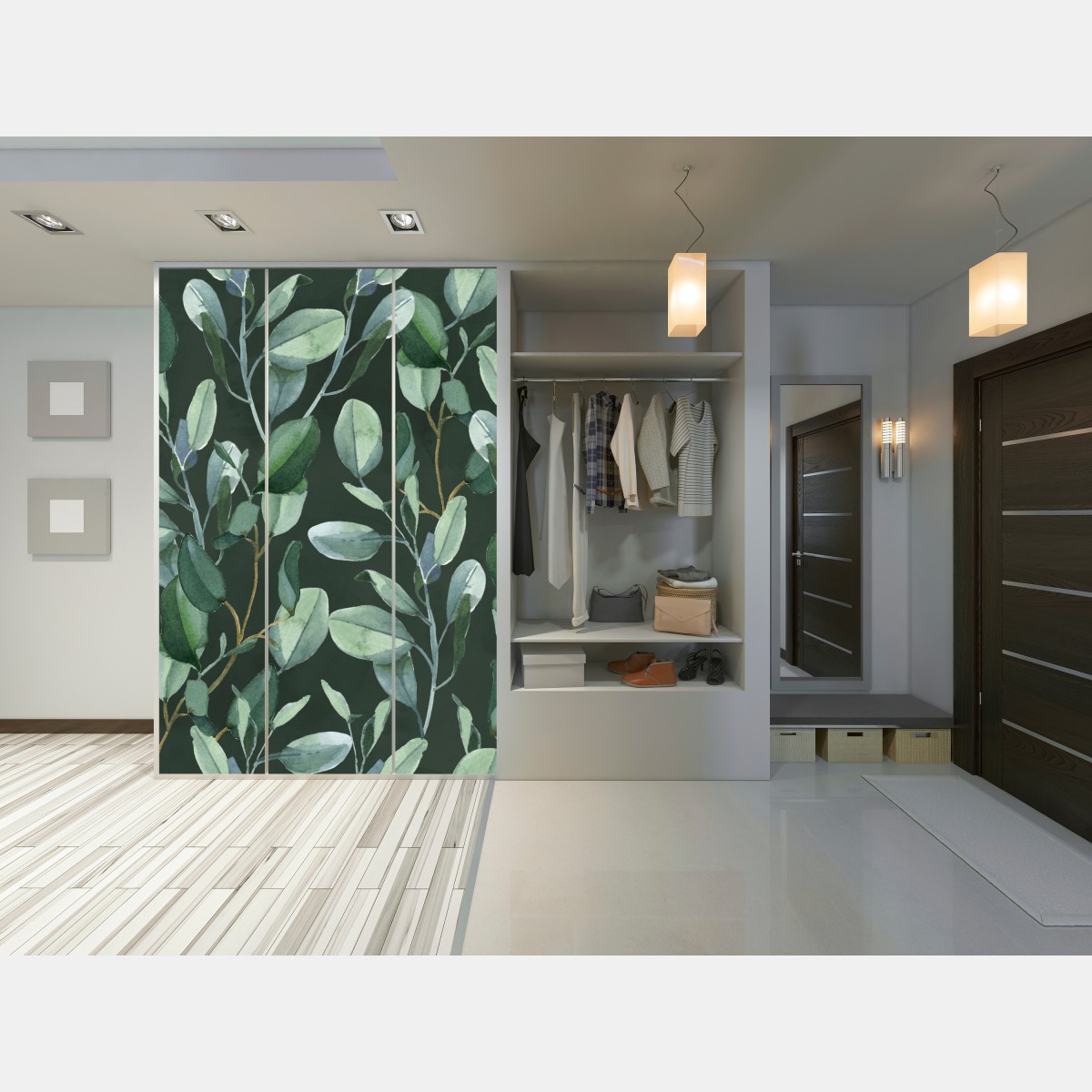 Naklejka na szafę wzór akwarelowy z liśćmi eukaliptusa na ciemnozielonym tle – Wallissimo® Naklejka na szafę wzór akwarelowy z liśćmi eukaliptusa na ciemnozielonym tle – Wallissimo®