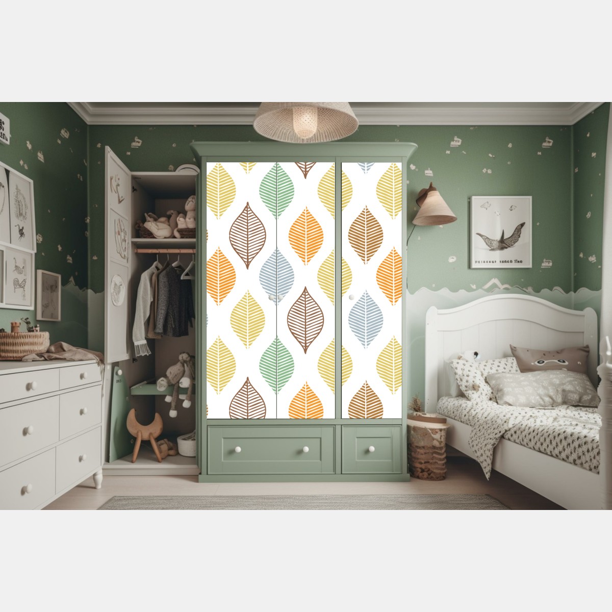Naklejka na szafę pastelowy wzór liści na ścianę – Wallissimo® Naklejka na szafę pastelowy wzór liści na ścianę – Wallissimo®