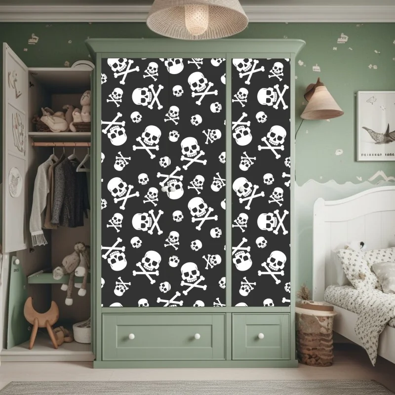 Naklejka na szafę biały wzór czaszek na szarym tle