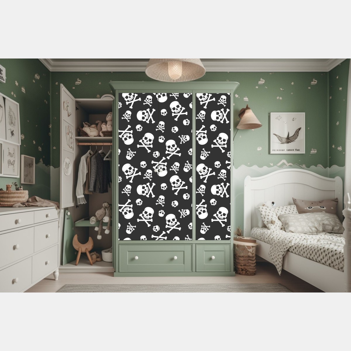 Naklejka na szafę biały wzór czaszek na szarym tle – Wallissimo® Naklejka na szafę biały wzór czaszek na szarym tle – Wallissimo®