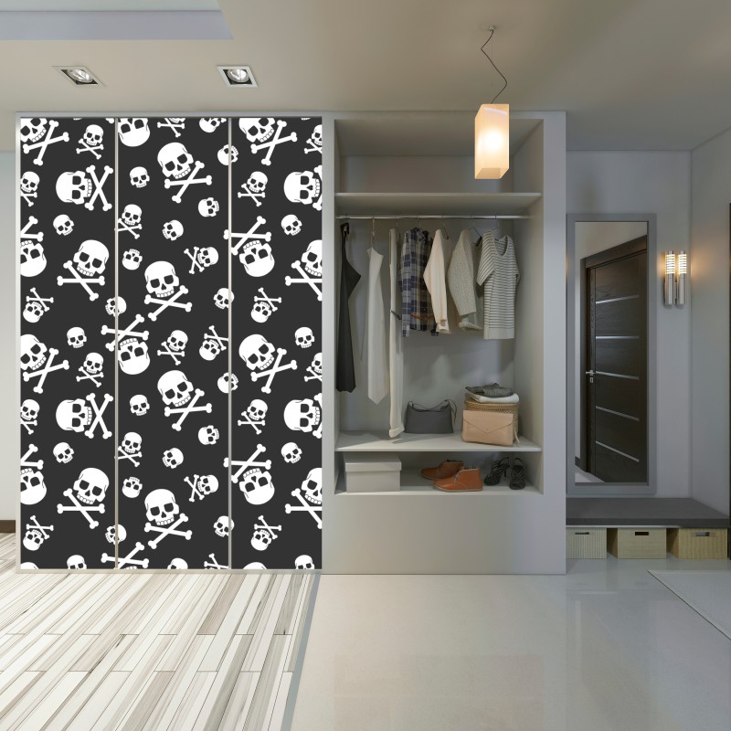 Naklejka na szafę biały wzór czaszek na szarym tle – Wallissimo® Naklejka na szafę biały wzór czaszek na szarym tle – Wallissimo®