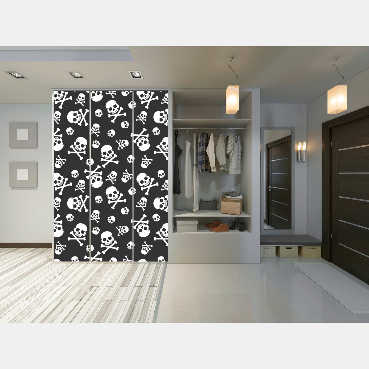 Naklejka na szafę biały wzór czaszek na szarym tle – Wallissimo® Naklejka na szafę biały wzór czaszek na szarym tle – Wallissimo®