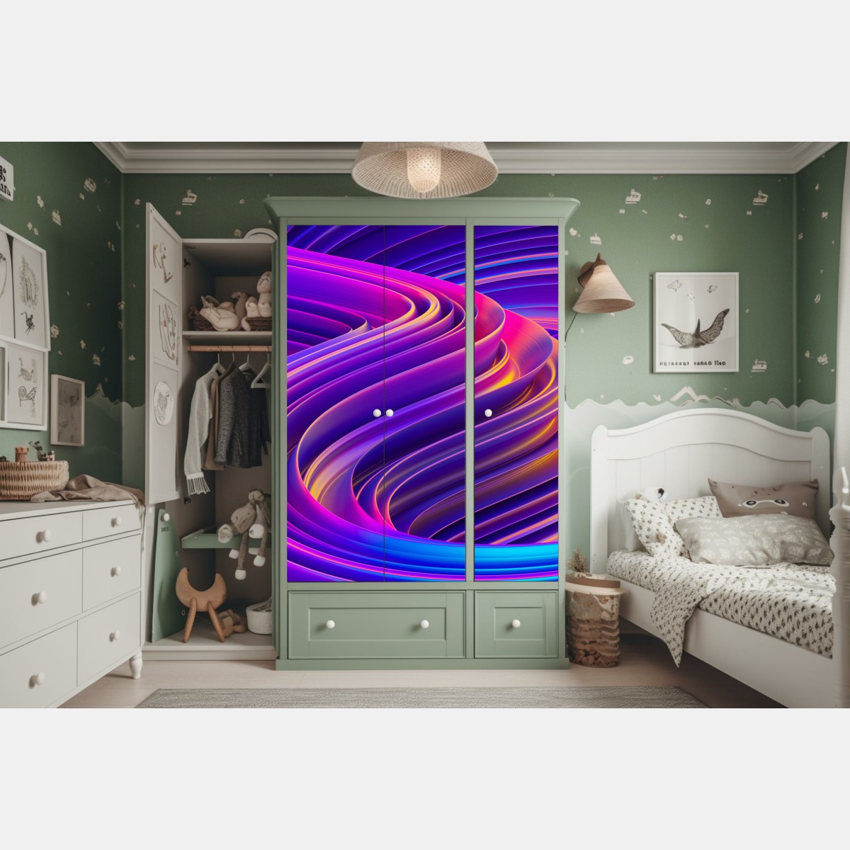 Naklejka na szafę intensywny fioletowy 3d wir wstęg – Wallissimo® Naklejka na szafę intensywny fioletowy 3d wir wstęg – Wallissimo®