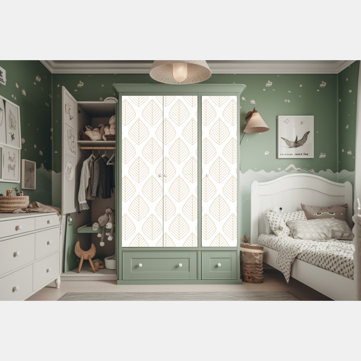 Naklejka na szafę elegancki złoty geometryczny wzór liści – Wallissimo® Naklejka na szafę elegancki złoty geometryczny wzór liści – Wallissimo®