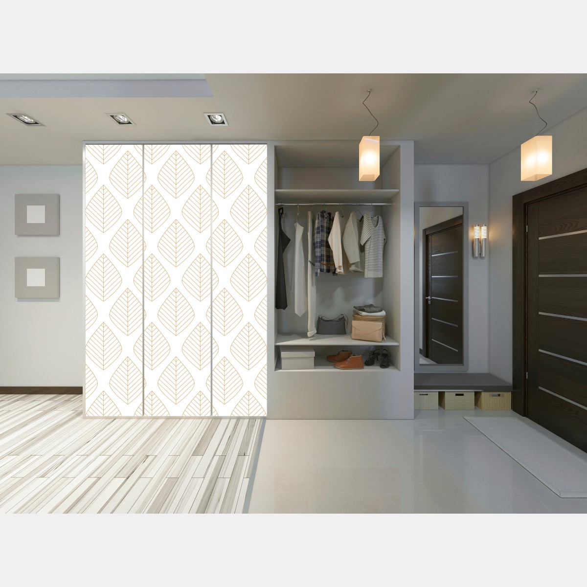 Naklejka na szafę elegancki złoty geometryczny wzór liści – Wallissimo® Naklejka na szafę elegancki złoty geometryczny wzór liści – Wallissimo®