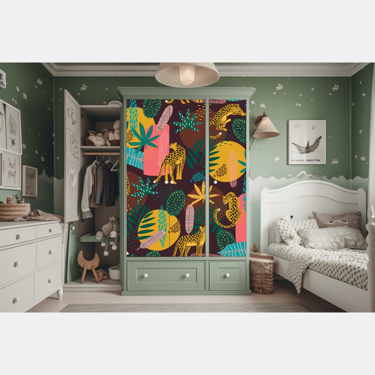 Naklejka na szafę tropikalny wzór z lampartami – Wallissimo® Naklejka na szafę tropikalny wzór z lampartami – Wallissimo®