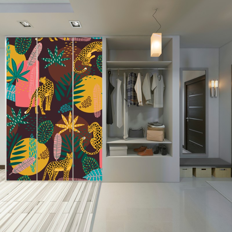 Naklejka na szafę tropikalny wzór z lampartami – Wallissimo® Naklejka na szafę tropikalny wzór z lampartami – Wallissimo®