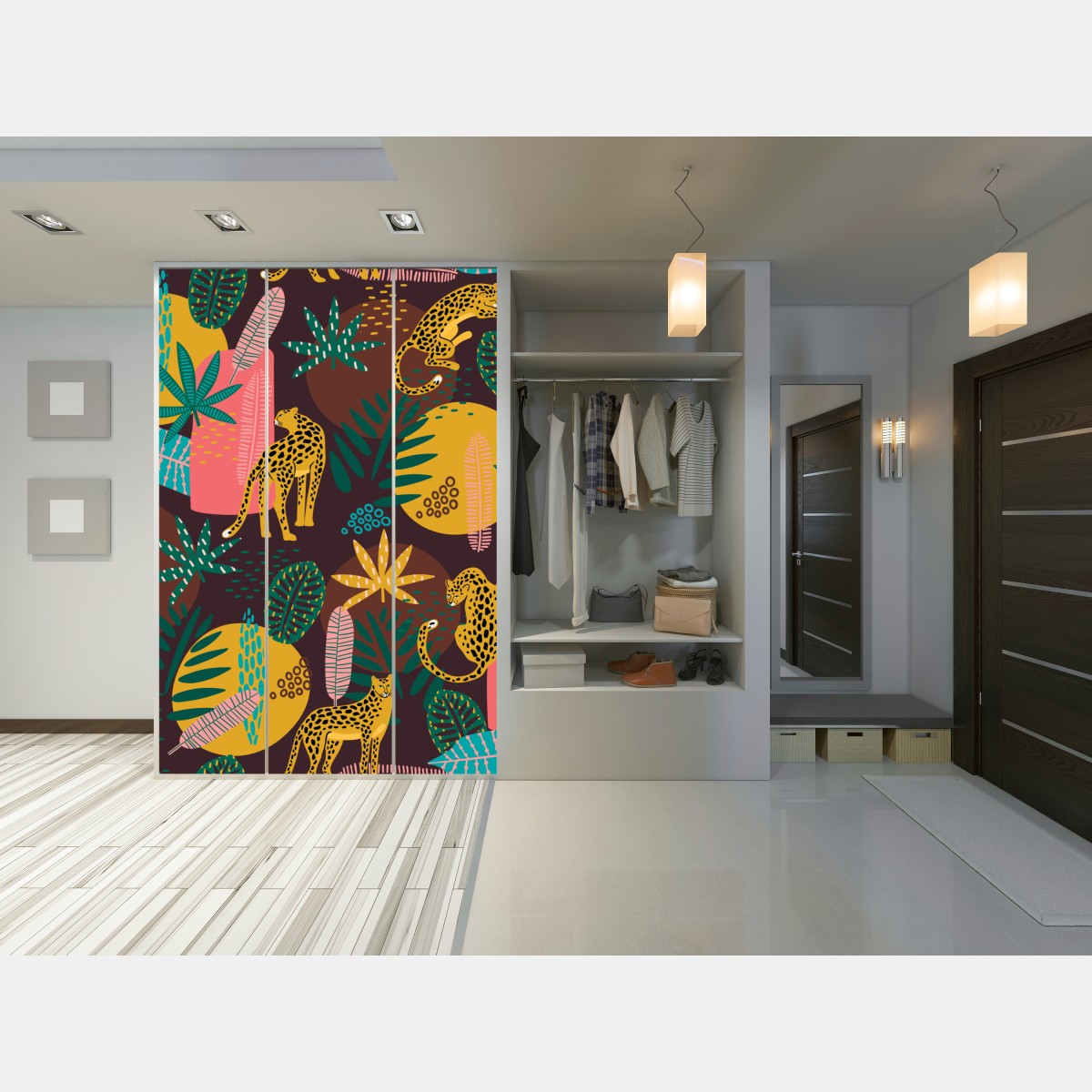 Naklejka na szafę tropikalny wzór z lampartami – Wallissimo® Naklejka na szafę tropikalny wzór z lampartami – Wallissimo®