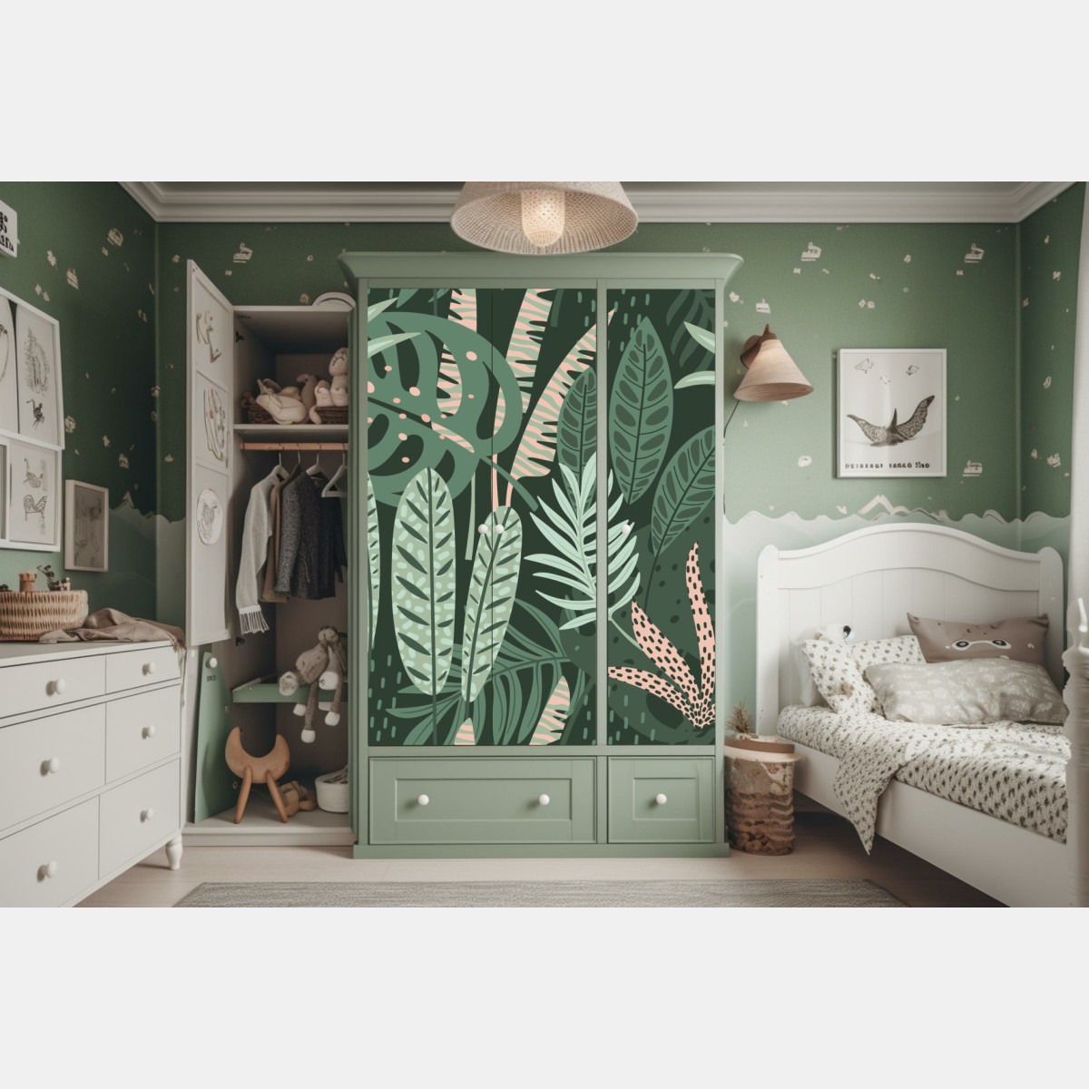 Naklejka na szafę tropikalny wzór liściowy – Wallissimo® Naklejka na szafę tropikalny wzór liściowy – Wallissimo®