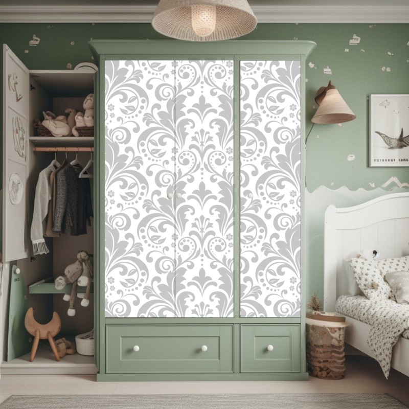 Naklejka na szafę elegancki szary wzór damasceński – Wallissimo® Naklejka na szafę elegancki szary wzór damasceński – Wallissimo®