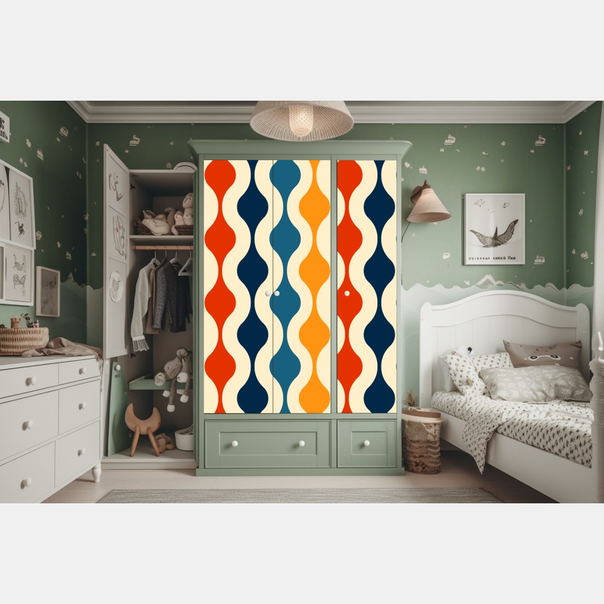 Naklejka na szafę retro falisty wzór mid-century – Wallissimo® Naklejka na szafę retro falisty wzór mid-century – Wallissimo®