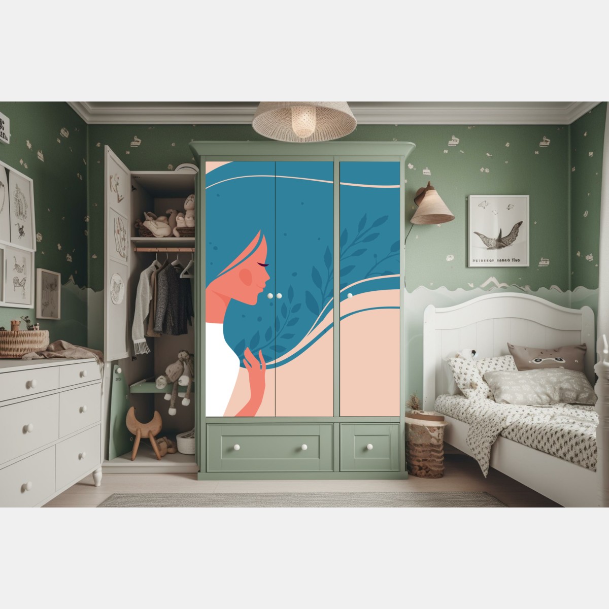 Naklejka na szafę spokojny kwiatowy profil z falującymi włosami – Wallissimo® Naklejka na szafę spokojny kwiatowy profil z falującymi włosami – Wallissimo®