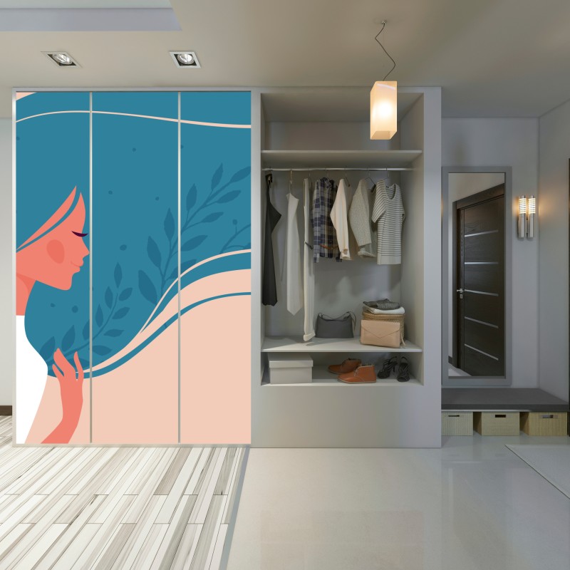 Naklejka na szafę spokojny kwiatowy profil z falującymi włosami – Wallissimo® Naklejka na szafę spokojny kwiatowy profil z falującymi włosami – Wallissimo®