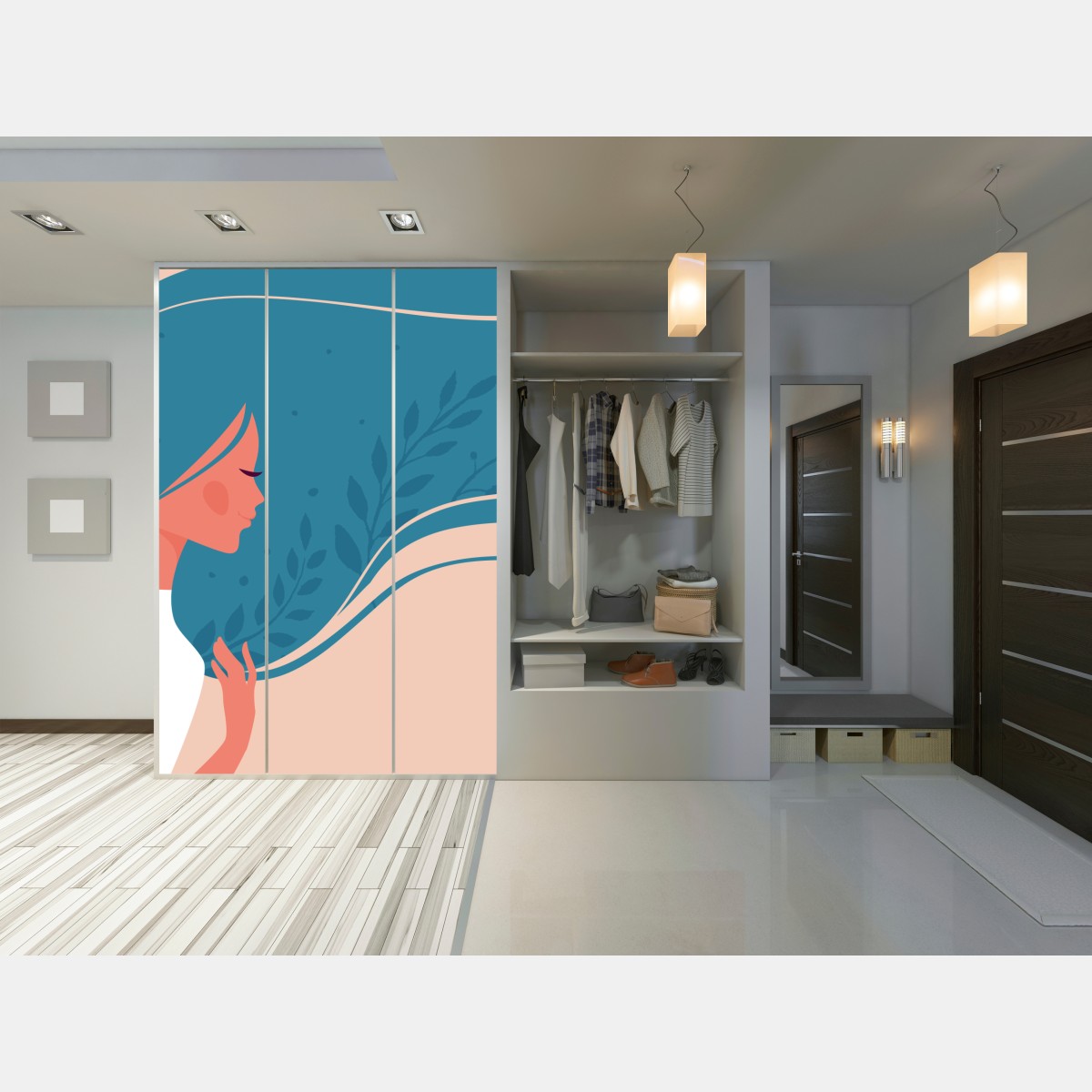 Naklejka na szafę spokojny kwiatowy profil z falującymi włosami – Wallissimo® Naklejka na szafę spokojny kwiatowy profil z falującymi włosami – Wallissimo®