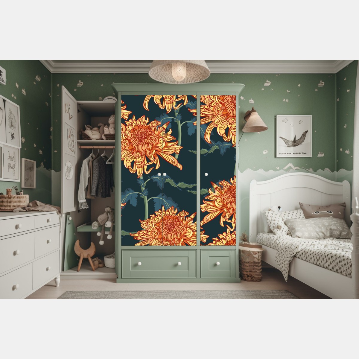 Naklejka na szafę złota chryzantema botaniczny wzór – Wallissimo® Naklejka na szafę złota chryzantema botaniczny wzór – Wallissimo®