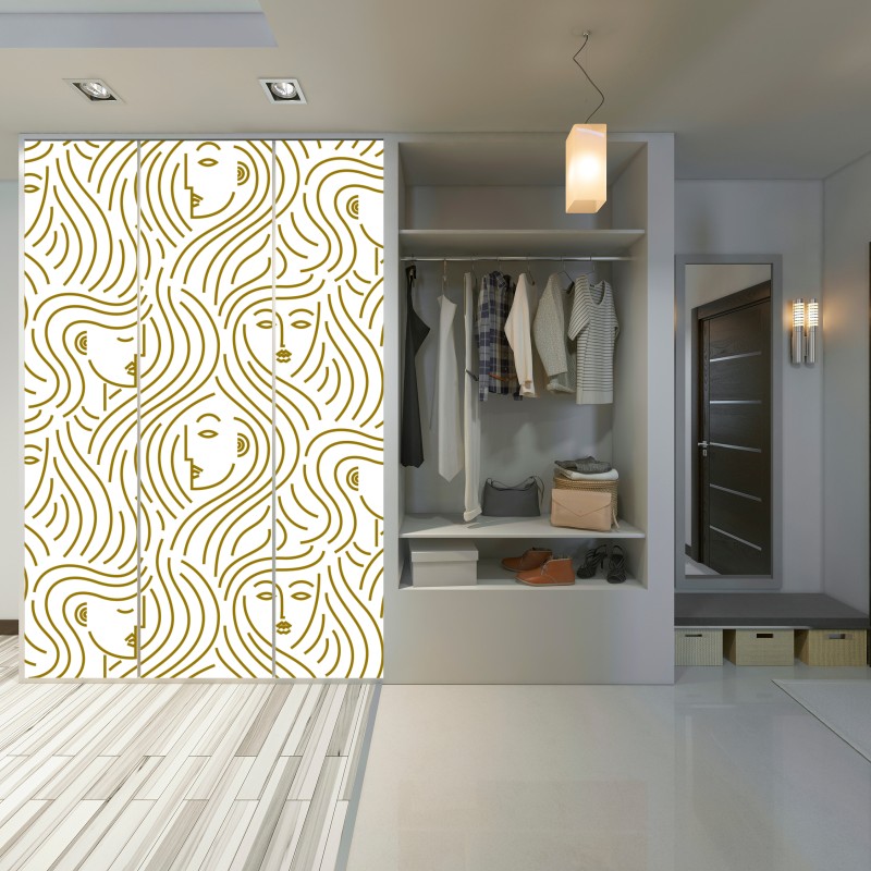 Naklejka na szafę złote fale i abstrakcyjne twarze bezszwowy wzór – Wallissimo® Naklejka na szafę złote fale i abstrakcyjne twarze bezszwowy wzór – Wallissimo®