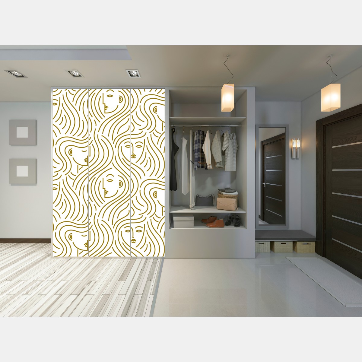 Naklejka na szafę złote fale i abstrakcyjne twarze bezszwowy wzór – Wallissimo® Naklejka na szafę złote fale i abstrakcyjne twarze bezszwowy wzór – Wallissimo®