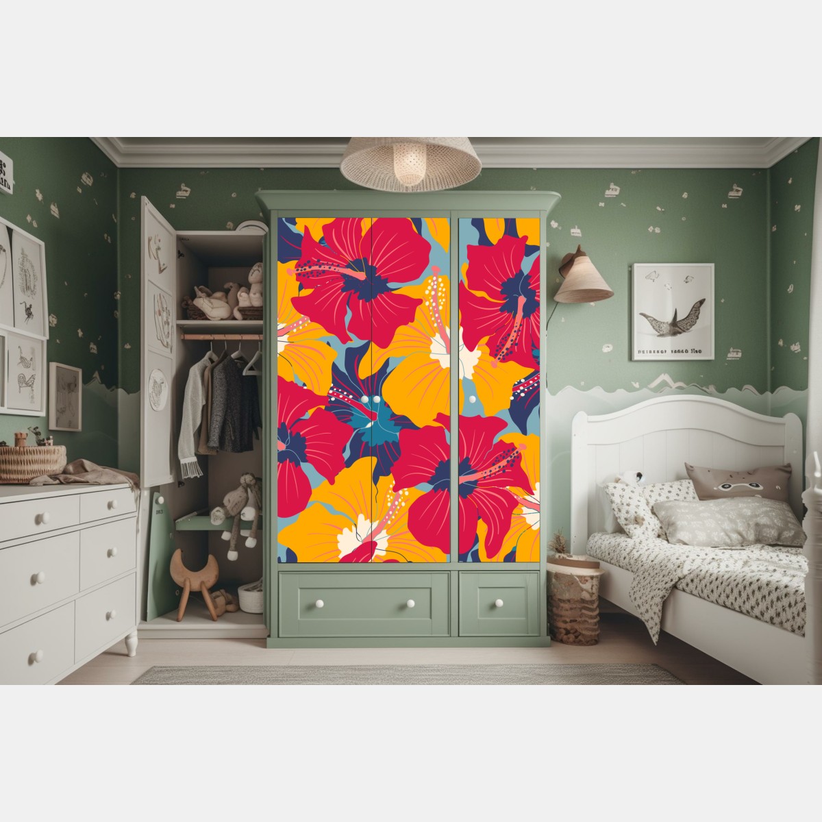 Naklejka na szafę żywy wzór hibiskusa w stylu retro – Wallissimo® Naklejka na szafę żywy wzór hibiskusa w stylu retro – Wallissimo®