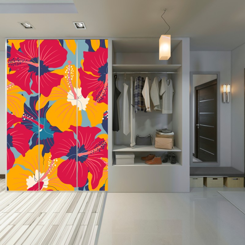 Naklejka na szafę żywy wzór hibiskusa w stylu retro – Wallissimo® Naklejka na szafę żywy wzór hibiskusa w stylu retro – Wallissimo®