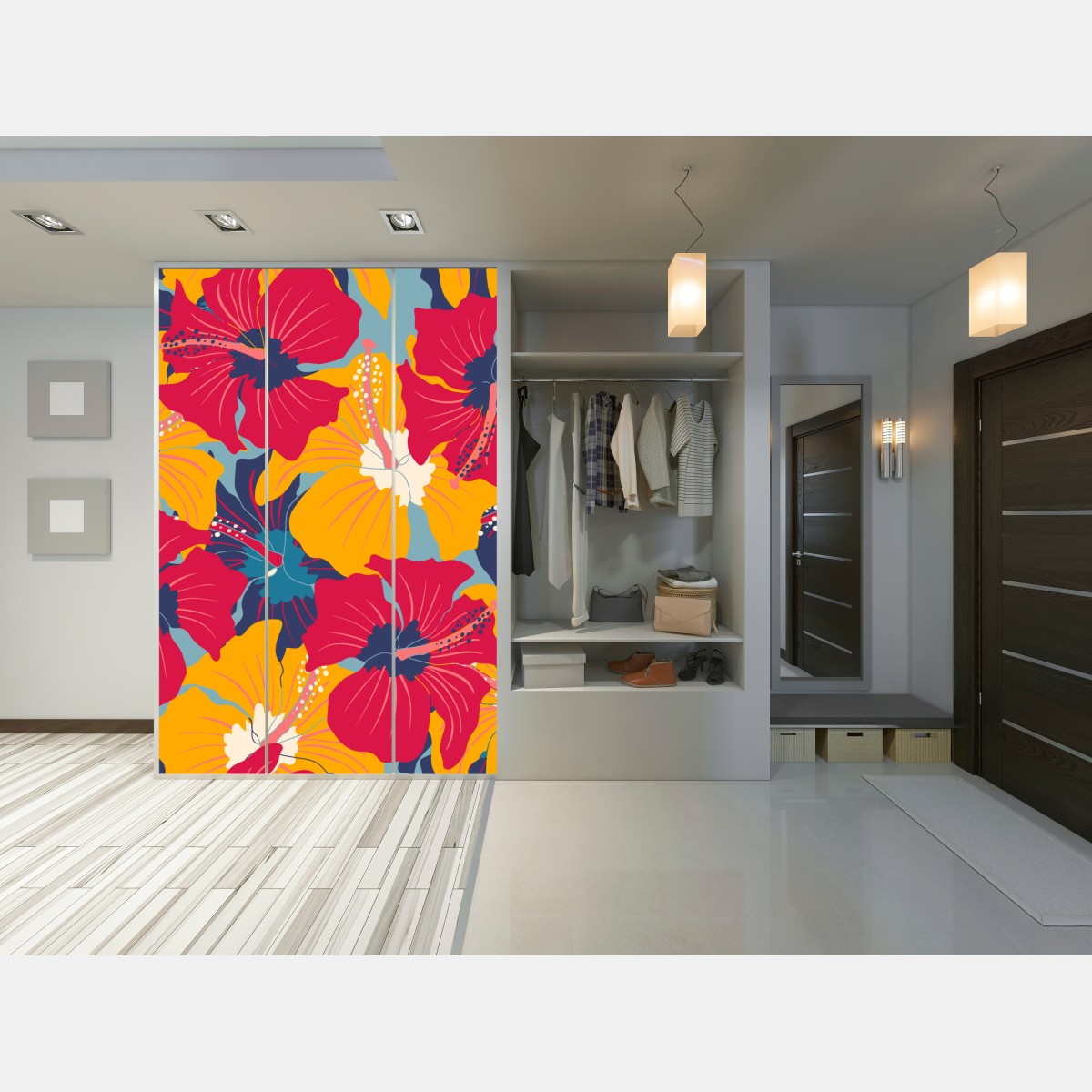 Naklejka na szafę żywy wzór hibiskusa w stylu retro – Wallissimo® Naklejka na szafę żywy wzór hibiskusa w stylu retro – Wallissimo®