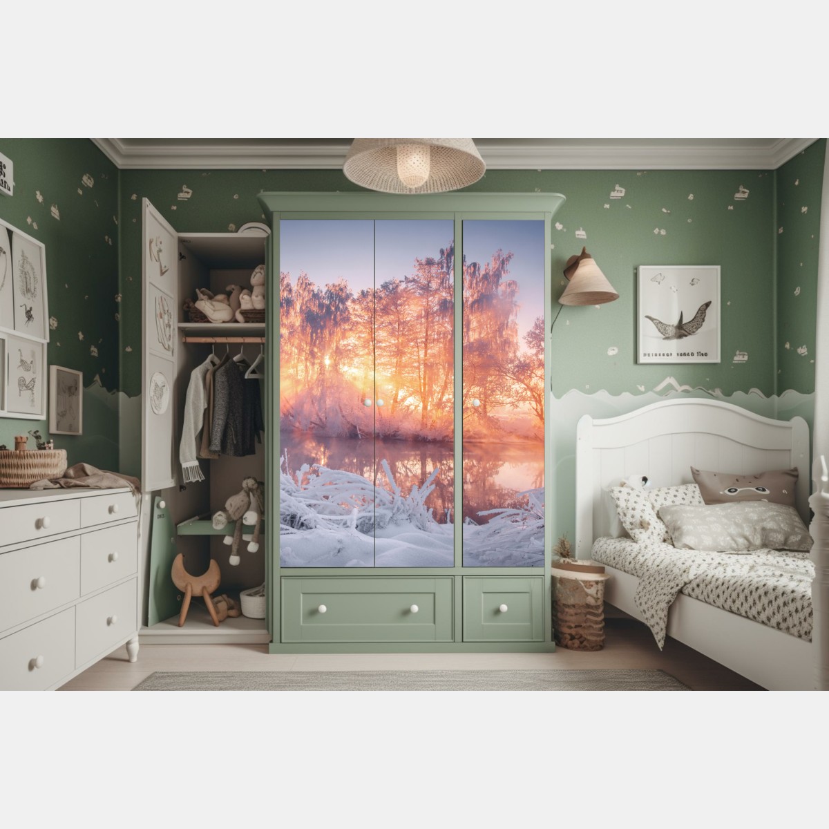 Naklejka na szafę zimowy wschód słońca nad zamarzniętą rzeką – Wallissimo® Naklejka na szafę zimowy wschód słońca nad zamarzniętą rzeką – Wallissimo®