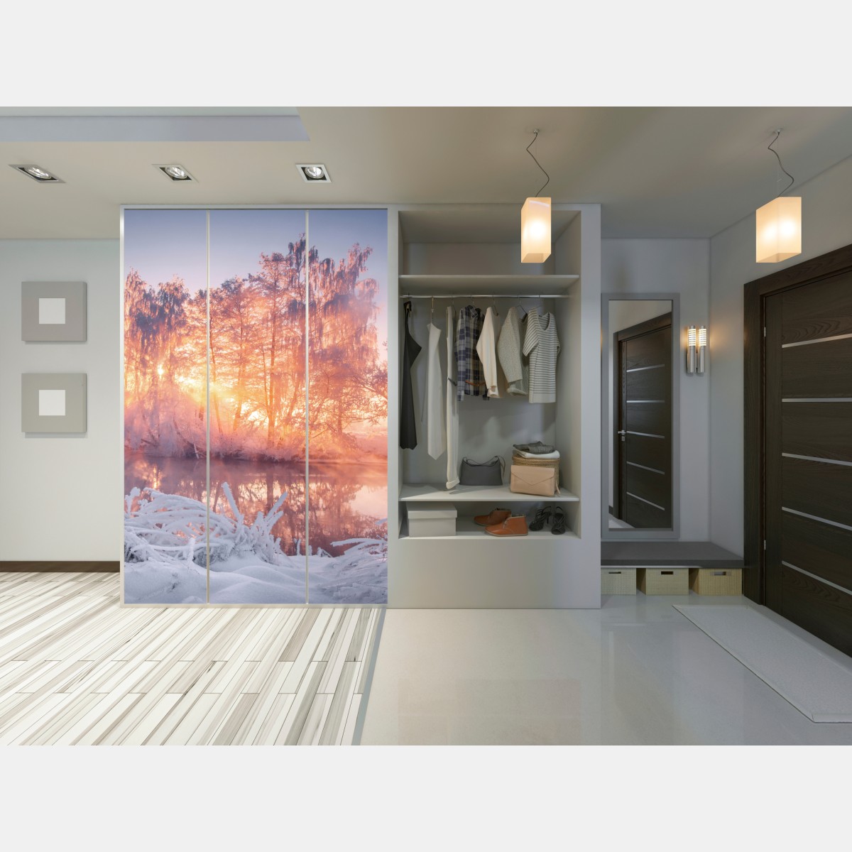 Naklejka na szafę zimowy wschód słońca nad zamarzniętą rzeką – Wallissimo® Naklejka na szafę zimowy wschód słońca nad zamarzniętą rzeką – Wallissimo®