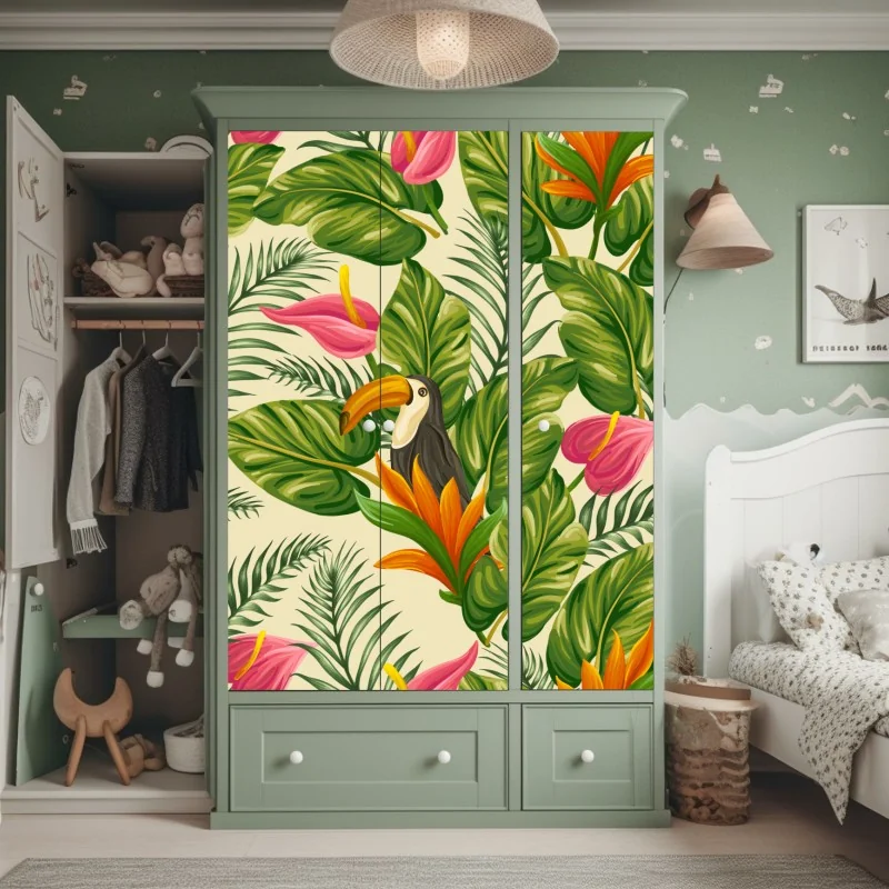Naklejka na szafę tropikalny wzór botaniczny z tukanem – Wallissimo® Naklejka na szafę tropikalny wzór botaniczny z tukanem – Wallissimo®