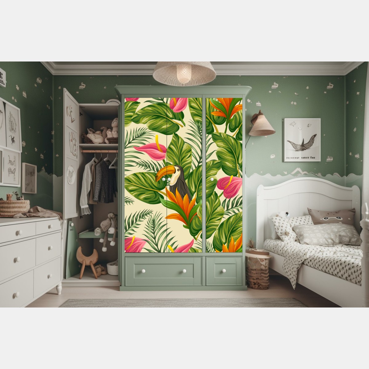 Naklejka na szafę tropikalny wzór botaniczny z tukanem – Wallissimo® Naklejka na szafę tropikalny wzór botaniczny z tukanem – Wallissimo®