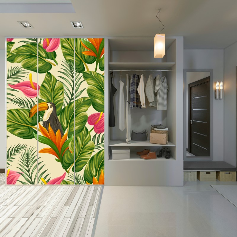 Naklejka na szafę tropikalny wzór botaniczny z tukanem – Wallissimo® Naklejka na szafę tropikalny wzór botaniczny z tukanem – Wallissimo®