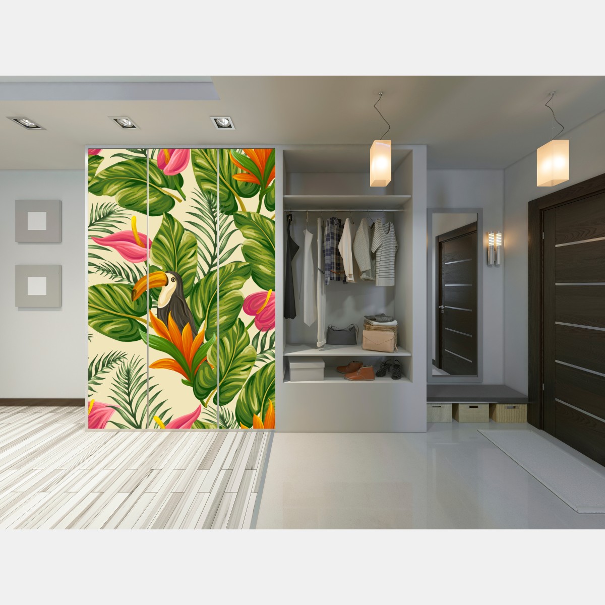 Naklejka na szafę tropikalny wzór botaniczny z tukanem – Wallissimo® Naklejka na szafę tropikalny wzór botaniczny z tukanem – Wallissimo®