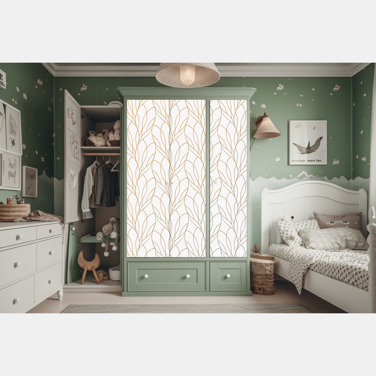 Naklejka na szafę złoty wzór liści na białym tle – Wallissimo® Naklejka na szafę złoty wzór liści na białym tle – Wallissimo®