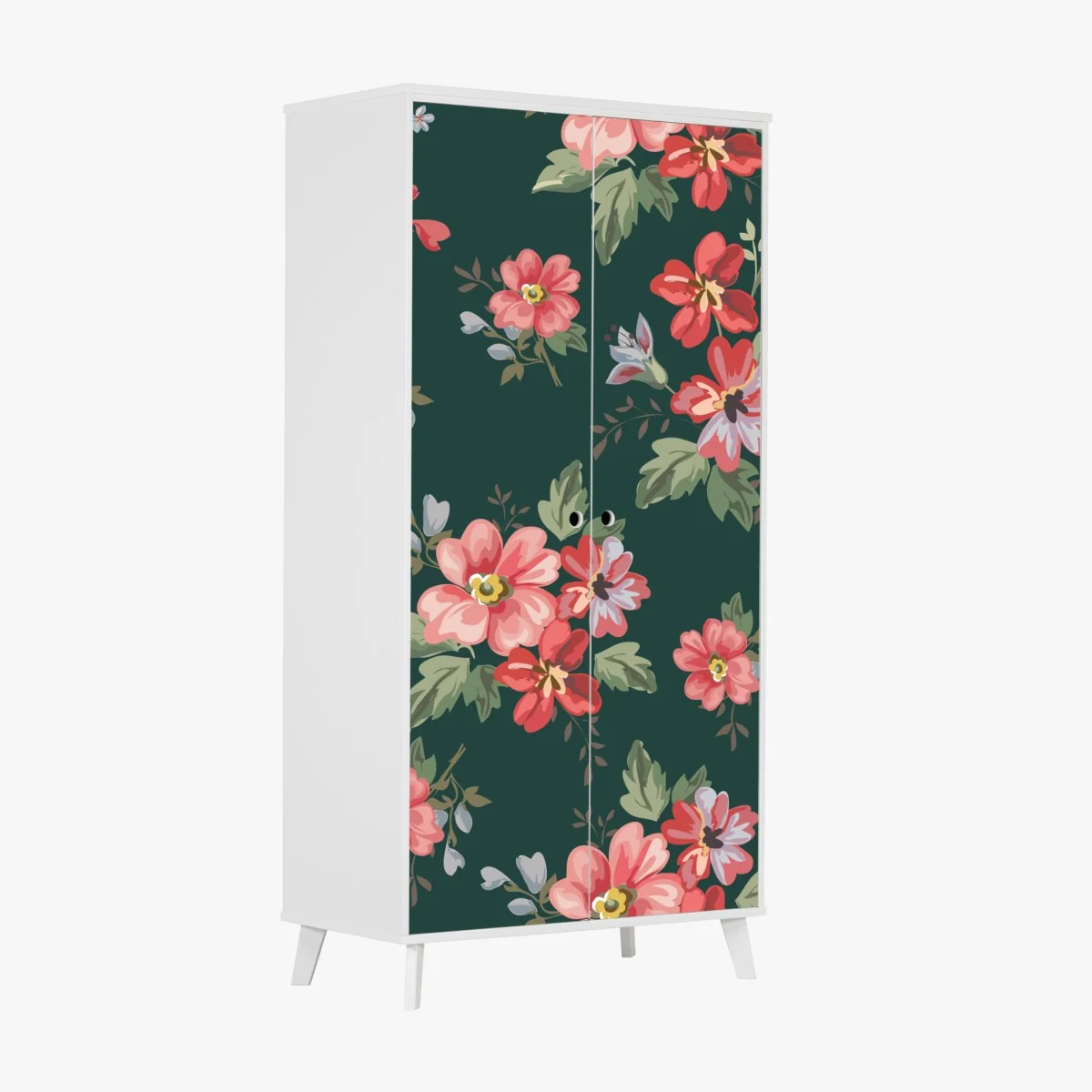 Naklejka na szafę vintage różowy wzór kwiatowy na głębokiej zieleni – Wallissimo® Naklejka na szafę vintage różowy wzór kwiatowy na głębokiej zieleni – Wallissimo®