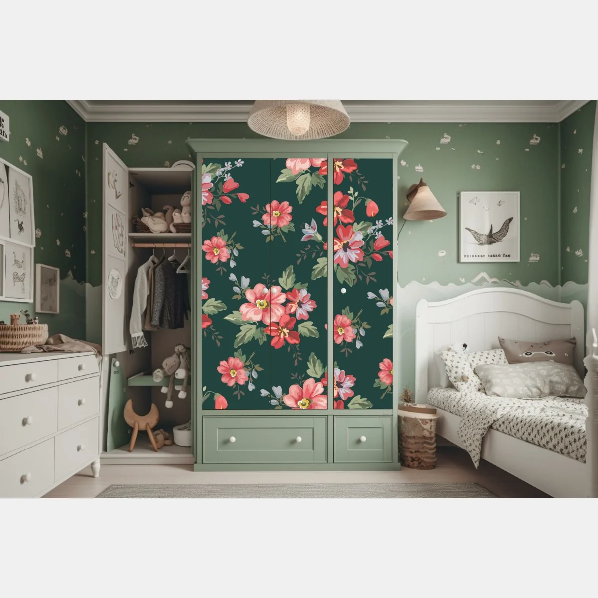 Naklejka na szafę vintage różowy wzór kwiatowy na głębokiej zieleni – Wallissimo® Naklejka na szafę vintage różowy wzór kwiatowy na głębokiej zieleni – Wallissimo®