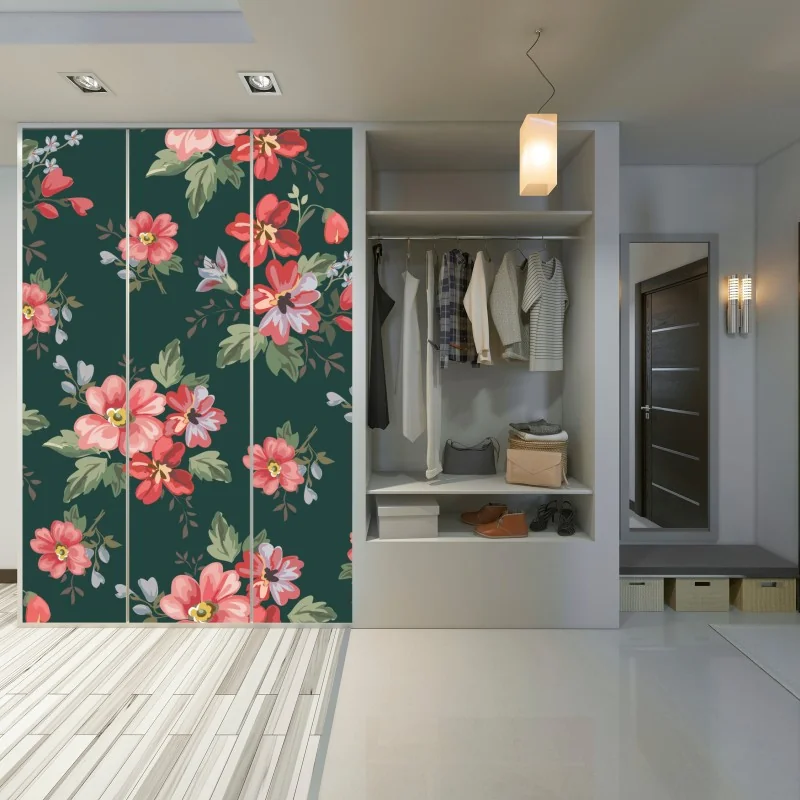 Naklejka na szafę vintage różowy wzór kwiatowy na głębokiej zieleni – Wallissimo® Naklejka na szafę vintage różowy wzór kwiatowy na głębokiej zieleni – Wallissimo®