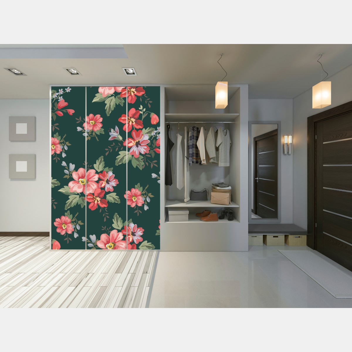 Naklejka na szafę vintage różowy wzór kwiatowy na głębokiej zieleni – Wallissimo® Naklejka na szafę vintage różowy wzór kwiatowy na głębokiej zieleni – Wallissimo®